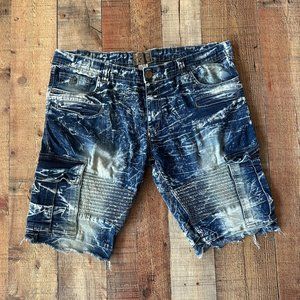 Vintage Style Acid Wash Denim Cargo Shorts Distressed Frayed Hem Waist Sz 36